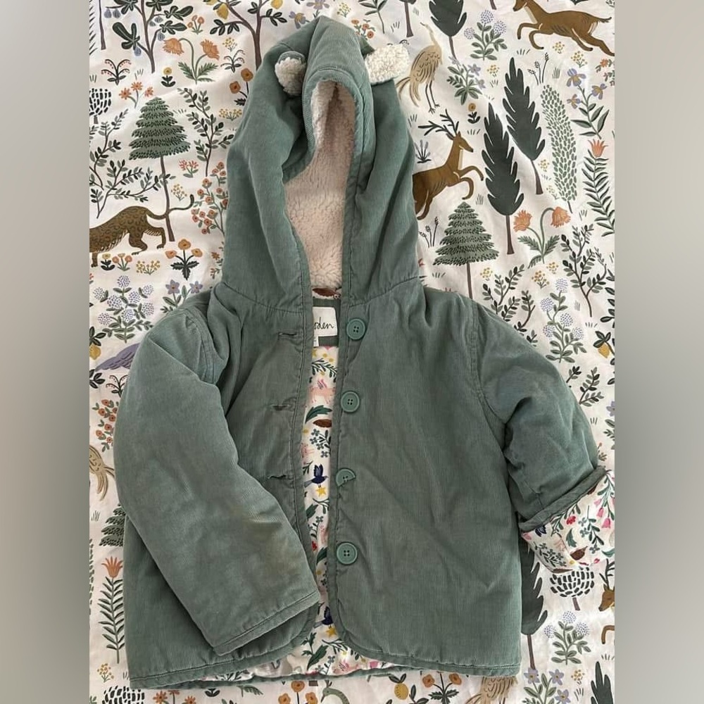 Mini Boden Peculiar Pets Green Corduroy Winter Puffy Coat, size 3-4y